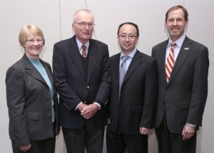 Seagrave Professor Dr. Wenzhen Li (second from right) is shown with (left to right) Sarah Rajala, Dean of the College of Engineering, honoree Dick Seagrave and Iowa State Provost and Senior Vice President Johnathan A. Wickert. (Photo by Christopher Gannon/Iowa State University)
