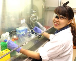 Phong Tran of Des Moines Area Community College is shown busy in a lab during her summer BioMaP REU experience.