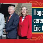 CBE's Eric Cochran (center) is joined by (left to right): and James L. and Katherine S. Melsa Dean of Engineering Samuel Easterling, Mary Jane Skogen Hagenson, Randy Hagenson and ISU president Wendy Wintersteen