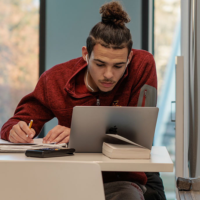 student studying at desk with laptop computer